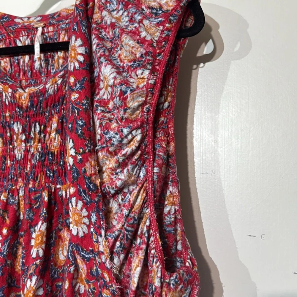 Free People Floral Red Floral Raw Hems Smocked Angel Sleeve Women's Top Size XL - Picture 4 of 9